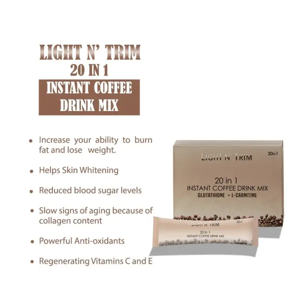 LIGHT N' TRIM 20-in-1 Instant Coffee Mix with Collagen, Glutathione, L-Carnitine & Herbal Blend | 10 Sachets