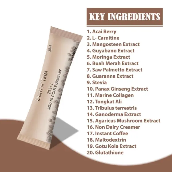 LIGHT N' TRIM 20-in-1 Instant Coffee Mix with Collagen, Glutathione, L-Carnitine & Herbal Blend | 10 Sachets