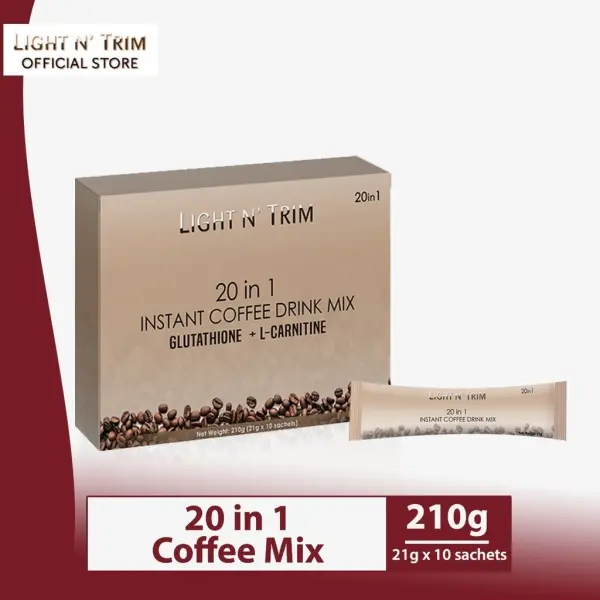 LIGHT N' TRIM 20-in-1 Instant Coffee Mix with Collagen, Glutathione, L-Carnitine & Herbal Blend | 10 Sachets