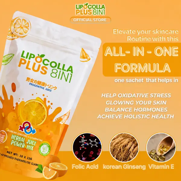 Lipo Colla Plus 8-in-1 Herbal Juice Powder Mix with Korean Ginseng & L-Carnitine – Orange Flavor (10 Sachets)