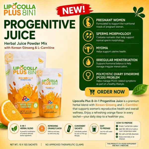 Lipo Colla Plus 8-in-1 Herbal Juice Powder Mix with Korean Ginseng & L-Carnitine – Orange Flavor (10 Sachets)