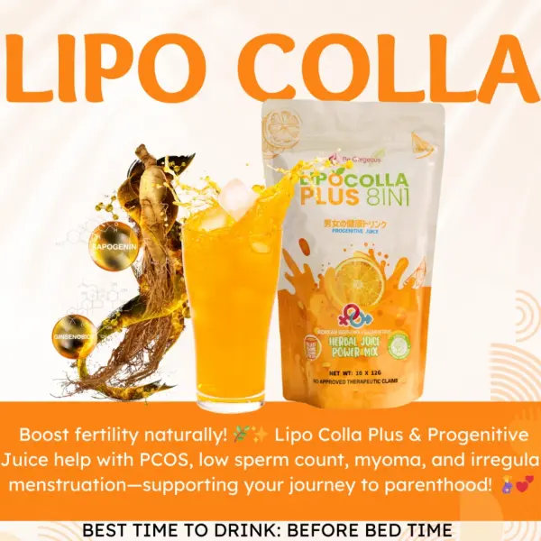 Lipo Colla Plus 8-in-1 Herbal Juice Powder Mix with Korean Ginseng & L-Carnitine – Orange Flavor (10 Sachets)